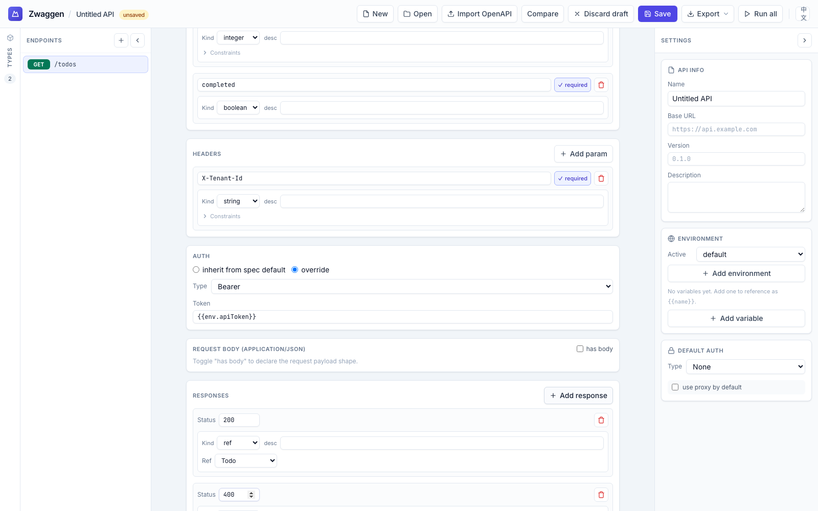 Endpoint editor with query params, header, Bearer auth, and 200 + 400 responses