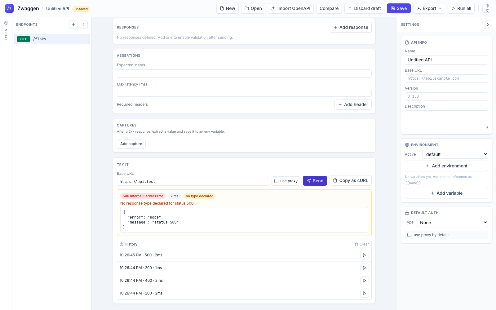 History drawer inside the Run panel with four entries — mixed 200 / 400 / 500 statuses