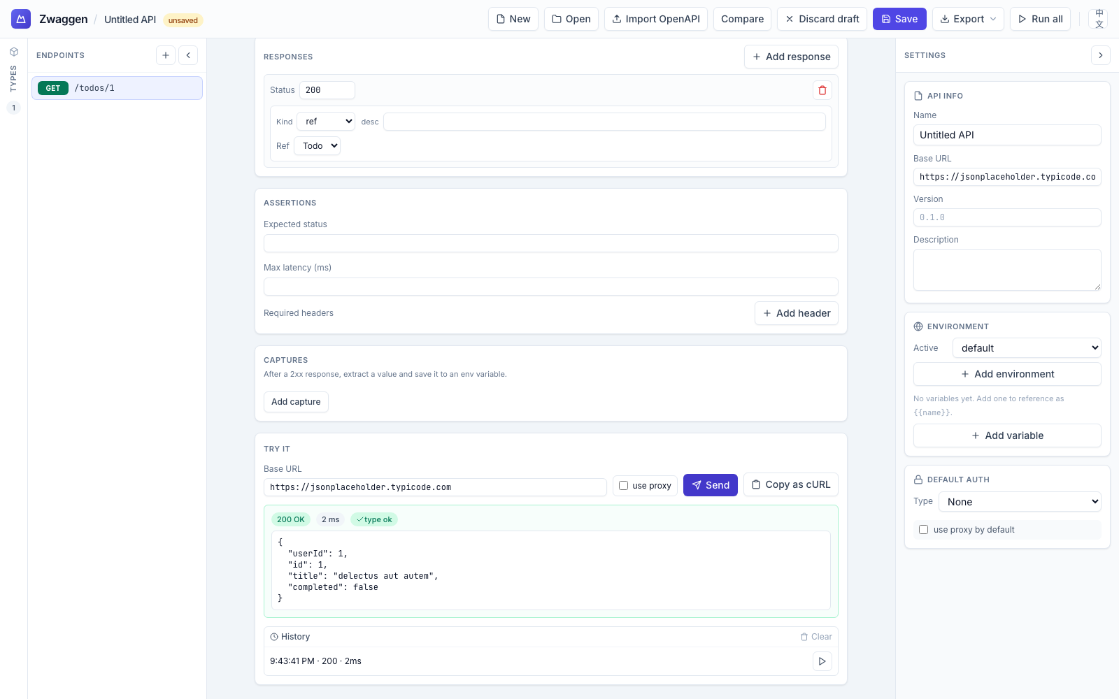 Run panel Response tab with green type ok chip