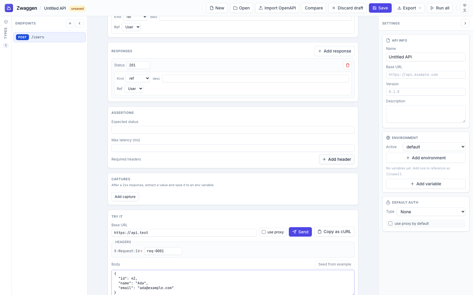 Run panel request inputs — headers and JSON body for a POST endpoint